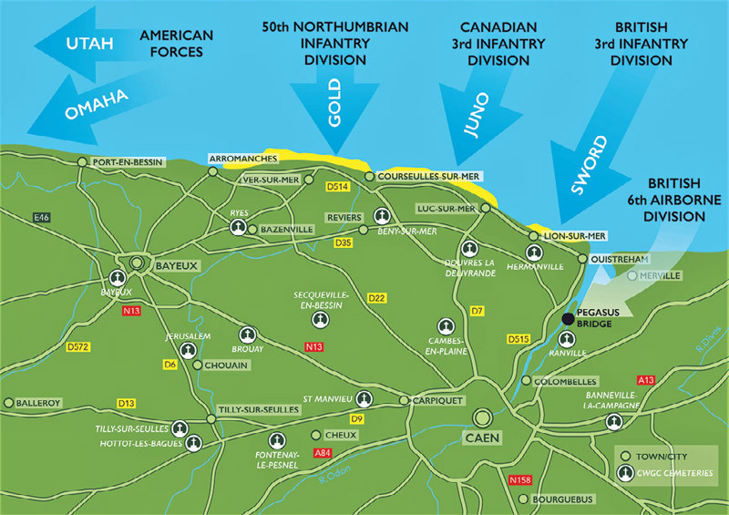 A map showing the Commonwealth landing zones on D-Day.