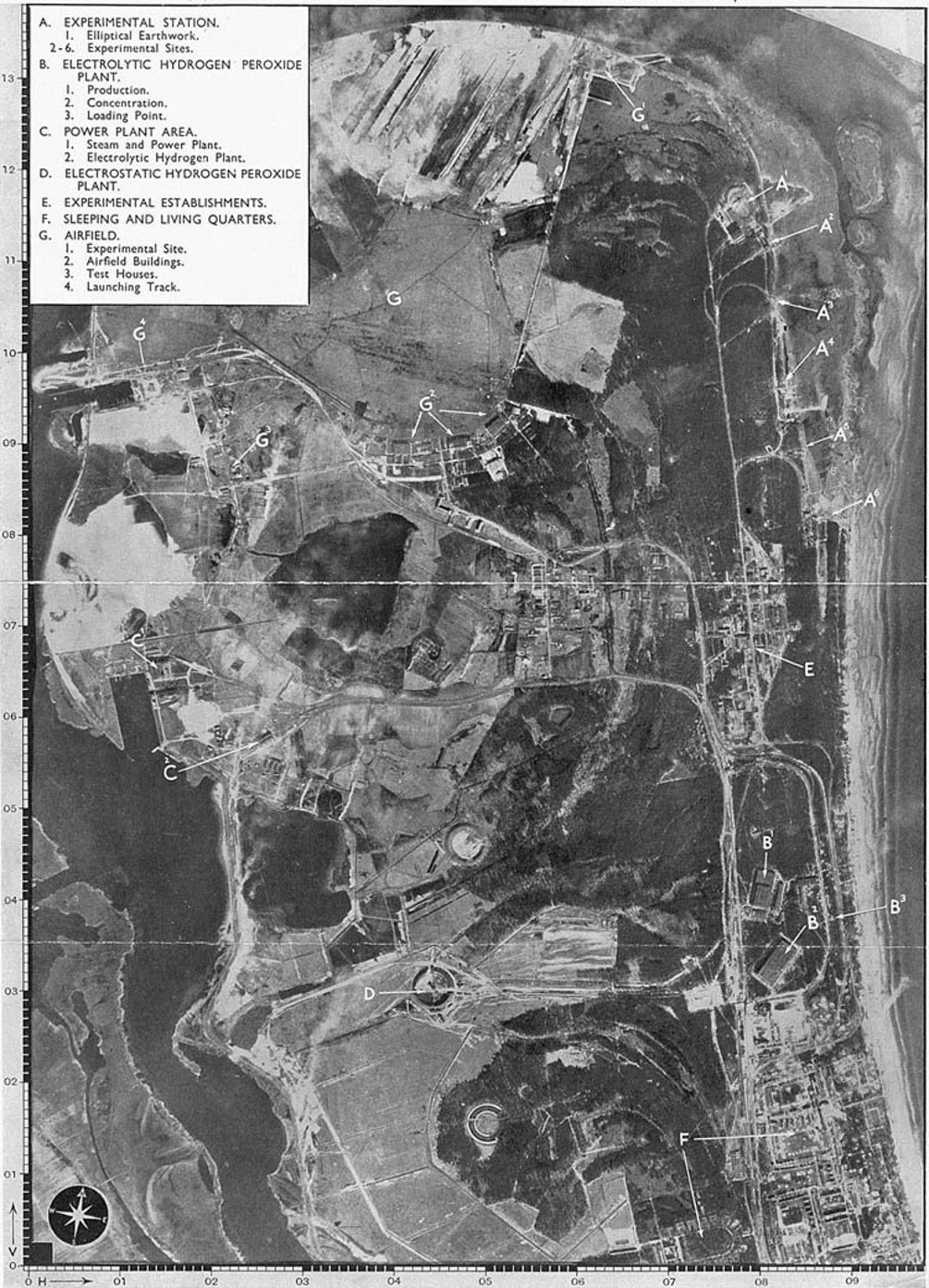 Peenemunde aerial photo showing the facility and annotated as according to the RAF.