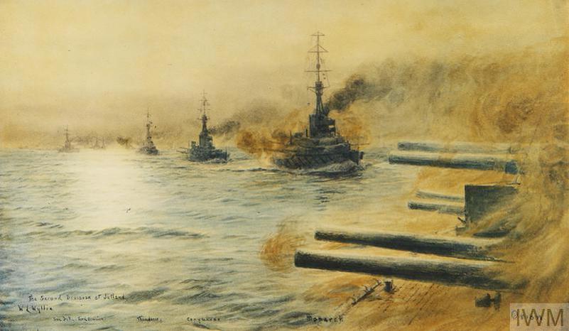 Oil painting showing several Royal Navy warships at sea. In the foreground are large deck guns of the closest vessel.