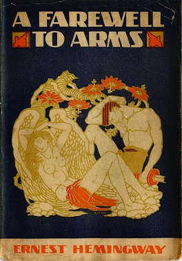 Stylised cover of A Farewell to Arms world war one book. The main image of a man and a woman apes classical Latin and Greek statue work.