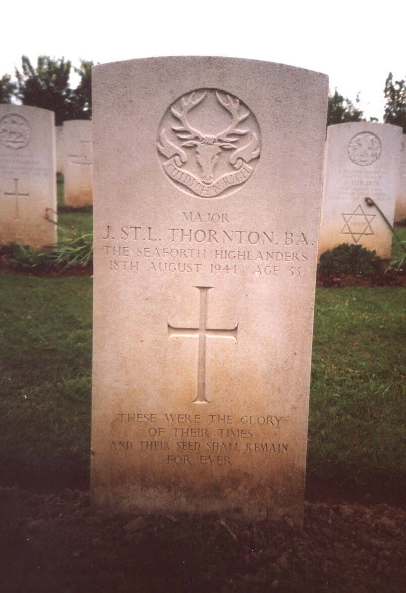 Major John St. L. Thornton, commemorated in Banneville-la-Campagne War Cemetery, France. Thornton represented Great Britain in the hurdles in the Olympic Games, 1936.