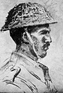 A side on portait of Chhelu Ram. Ram is wearing a British tommy helmet with camouflage netting alongside his normal uniform.