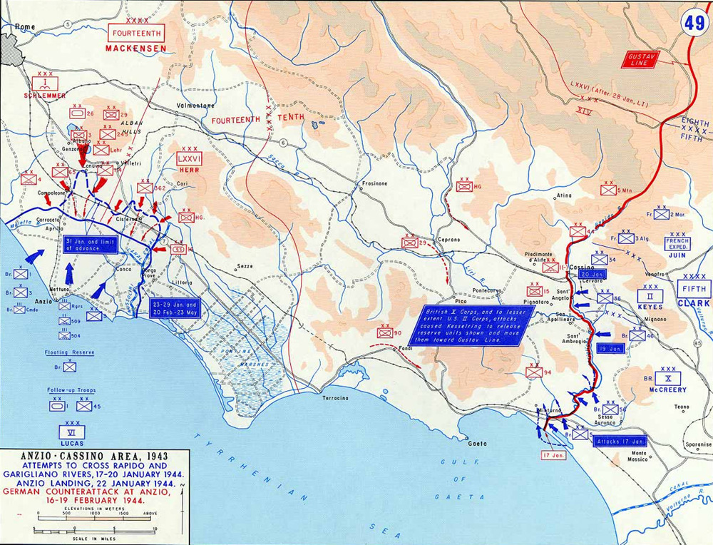 Map of the area around Anzio in late 1943/early 1944.