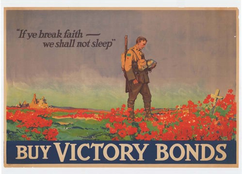 A 1917 Canadian War Bonds poster, depicting a Canadian rifleman contemplating the wooden white cross grave of his comrade. Red poppies bloom over the grave, which is offset against rolling green fields.