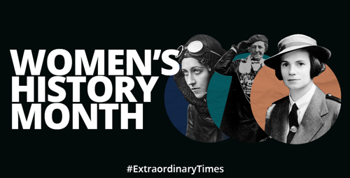 Woman's history month banner with black and white pictures of inspirational women