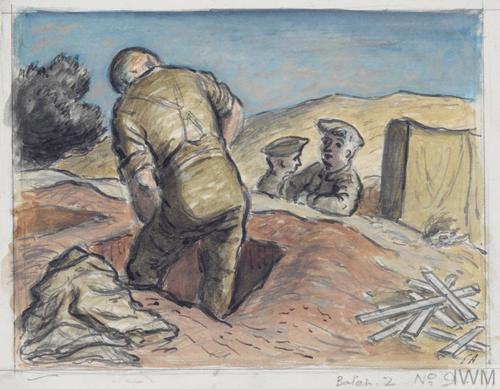 Watercolour painting showing an army gravedigger digging a grave. Two of his comrades look on in the background. Explosion from a shell burst can be seen to the left of the frame.