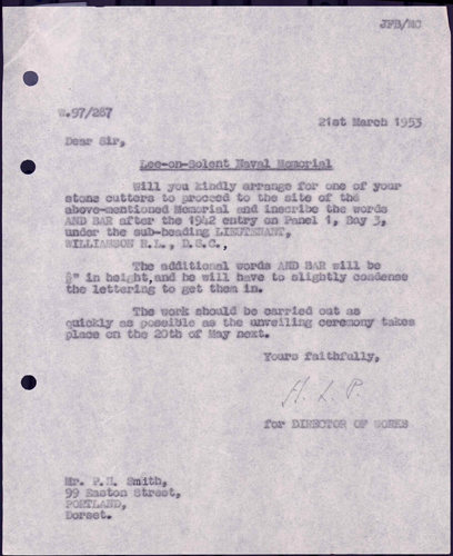 Letters regarding the addition of a Bar to Lt. Williamson’s Distinguished Service Cross entry on the Lee-on-Solent Memorial