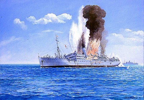 An oil painting of the SS Khedive Ismail at the moment her engine exploded. The ship is listing to one side as flame and smoke billow from her centre.
