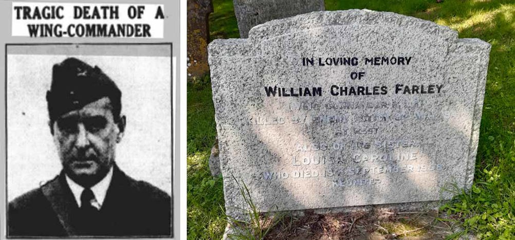 Black and white image of William Charles Farley next to his headstone