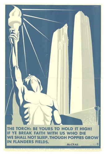 Recruitment poster showing a muscular figure brandishing a torch, held high, in front of the Vimy Ridge memorial. The figure and memorial are in icy white set against a blue background.