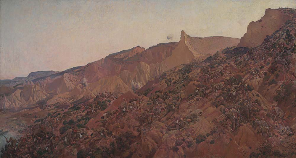 Painting of ANZAC troops landing at Gallipoli with signs of bloody death painted in brown, yellow, and red hues.