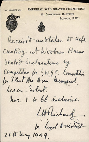 Handwritten note from Lionel Henry Richards, Legal Assistant, IWGC, confirming safe receipt of the sealed declarations from the 66 entrants of the design competition of the Lee-on-Solent Naval Memorial