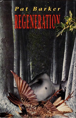 Abstract first edition cover of Pat Barker's Regeneration. The title is in bold red writing.