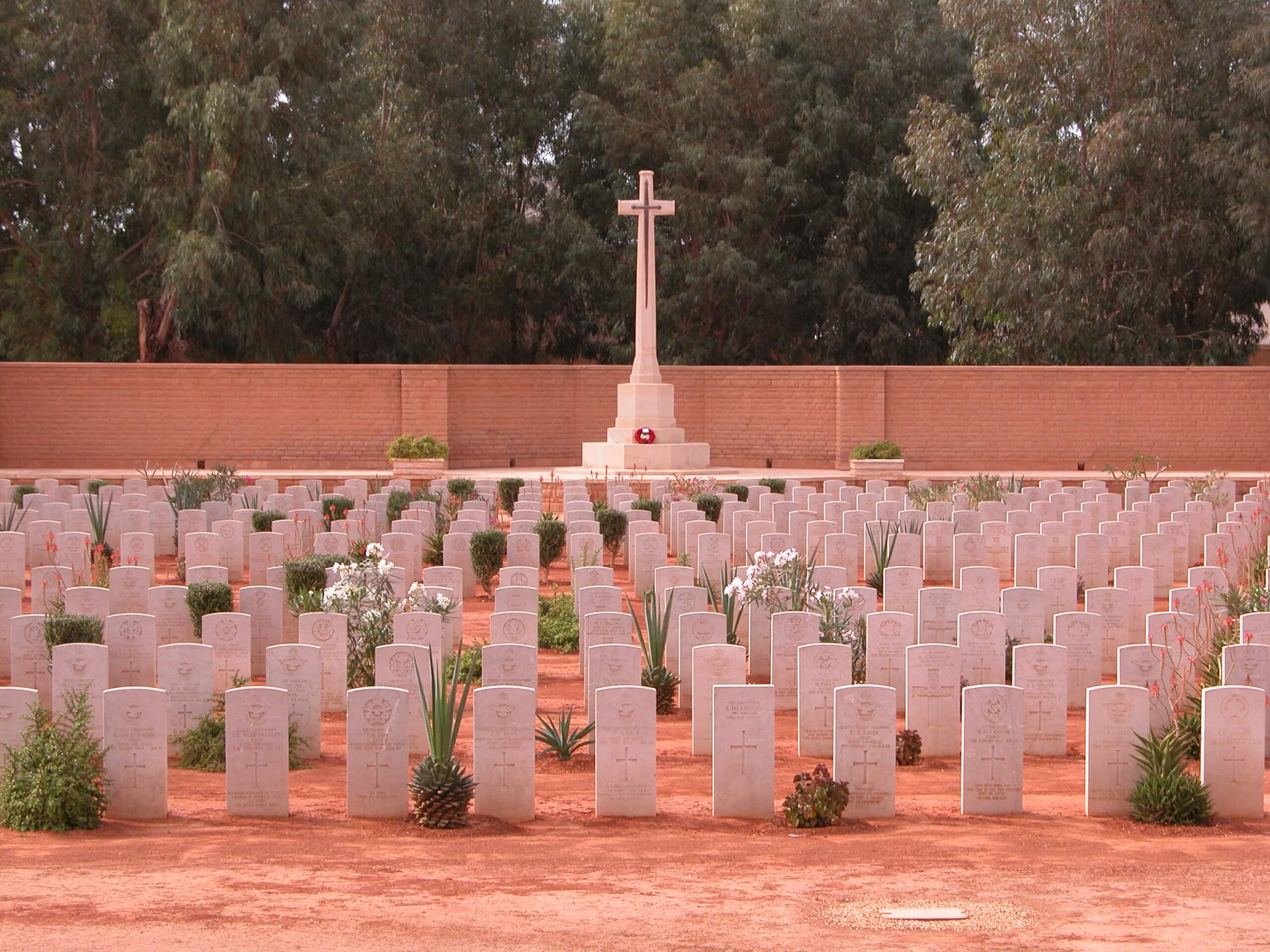 Headstones and cross of sacrifice in Benghazi War Cemetery, Libya