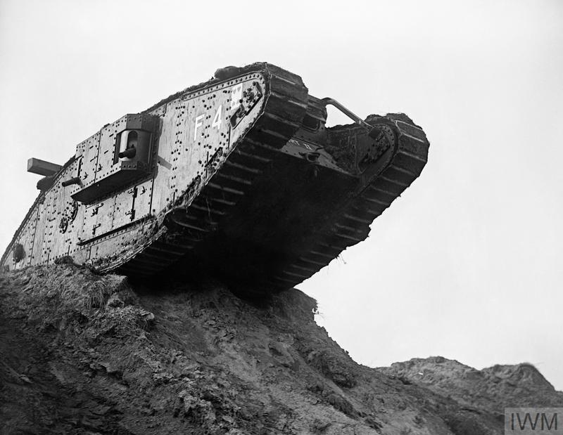 A British Mark IV Tank advancing during training at Wailly ahead of Cambrai 