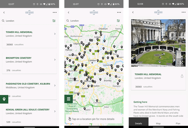 Searching London on the CWGC App