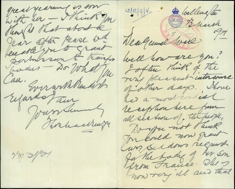Letter from Mackenzie to Ware re Seddon