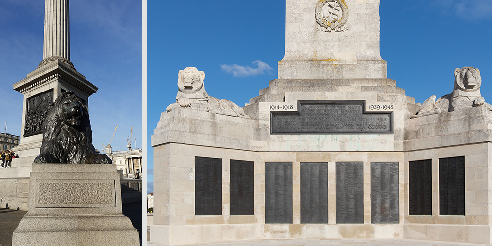 Lions at Trafalgar Square and at Portsmouth