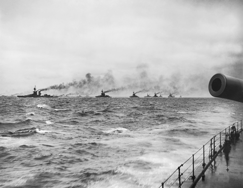 Battleships of the British Grand Fleet cruising in line in the North Sea