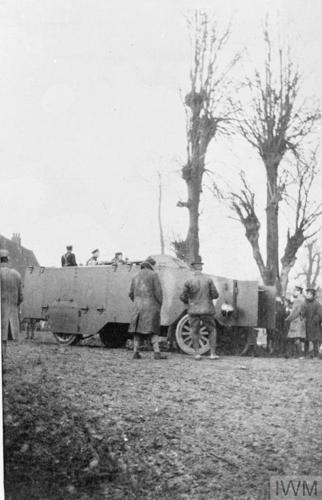 An armoured vehicle pauses during the Battle of Neuve Chapelle.