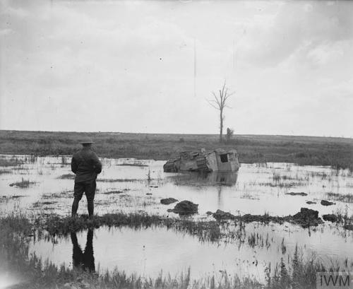 A WW1 soldier observes an abandoned tank stuck in a marshy wasteland. A single lone dead tree is visible in the background. In the foreground can be seen marshy reeds and massive puddles.