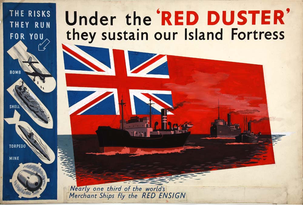 British WW2 Merchant Navy poster with a prominent Red Ensign.