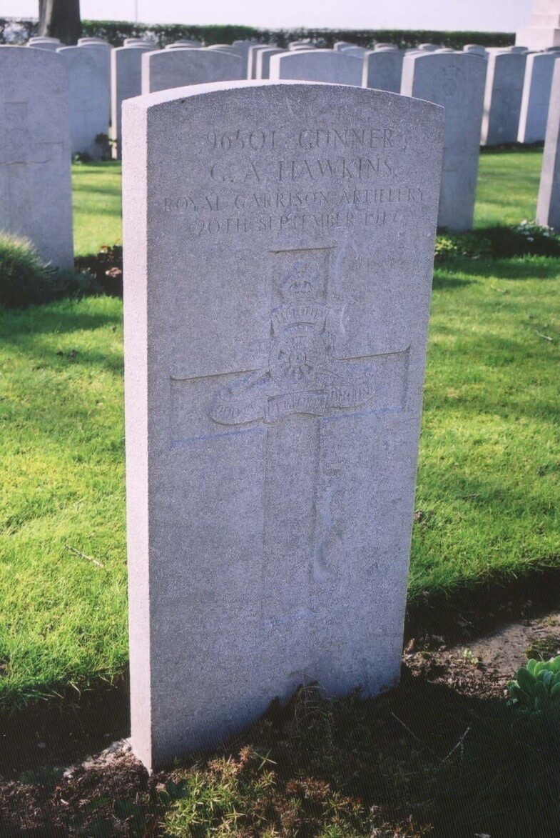 Gunner G A Hawkins, commemorated in Bard Cottage Cemetery, Belgium. Hawlkins finished fourth in the 200m at the 1908 Summer Olympics in London, the first Briton to reach an Olympic sprint final.
