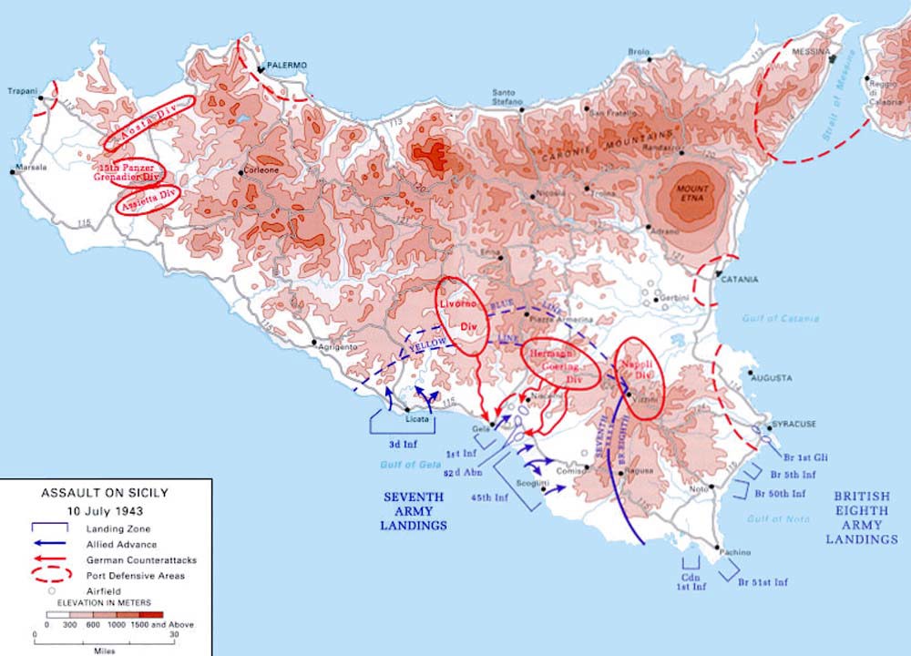 Map of Sicily with Allied landing zones marked for Operation Husky.