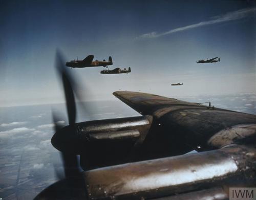 Lancaster Bombers flying in formation.
