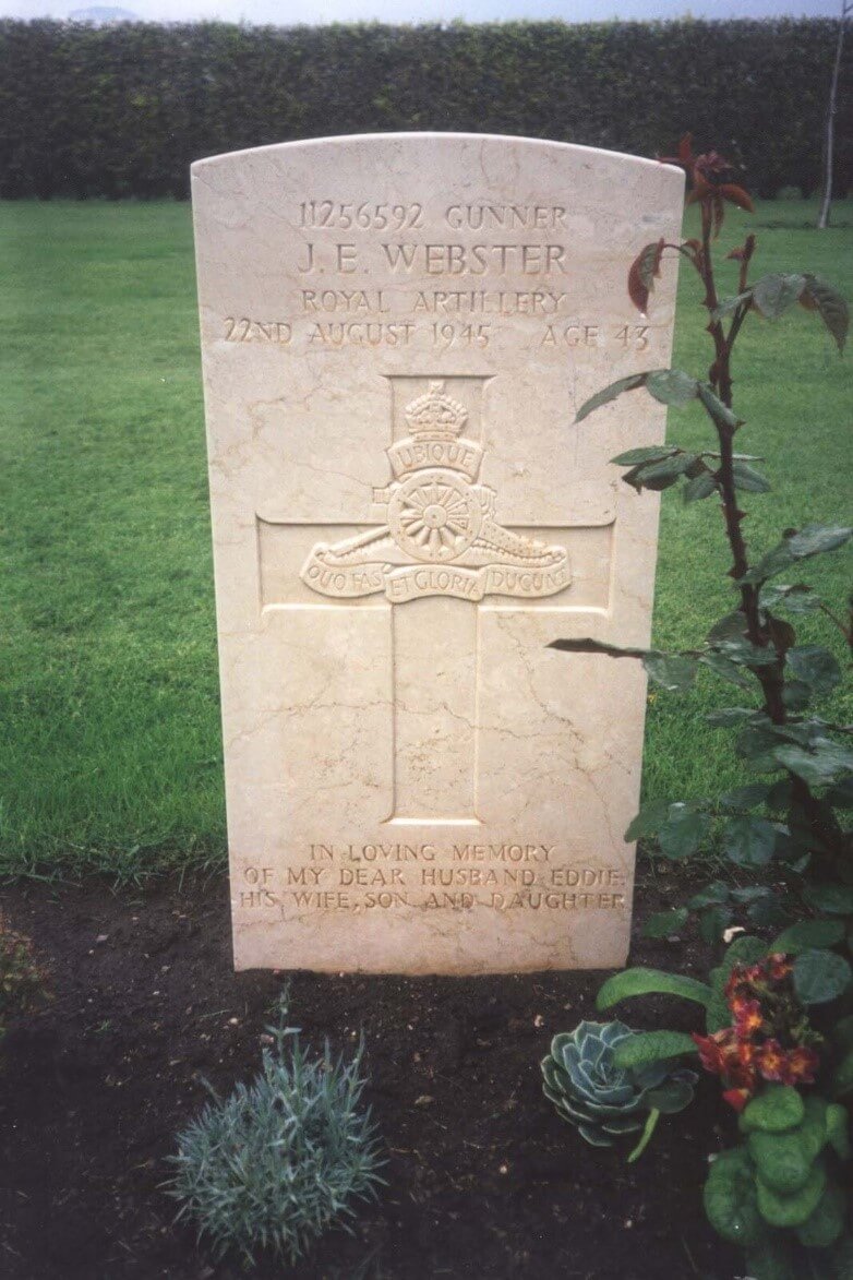 Gunner Joseph E Webster, commemorated in Salerno War Cemetery, Italy. Webster was multiple national cross country and AAA steeplechase champion who also competed in the men's 10,000 metres at the 1924 Summer Olympics.