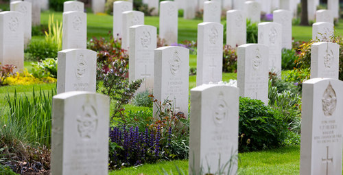 Rows of headstones in cemetery