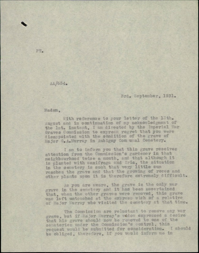 Major G A Murray letter