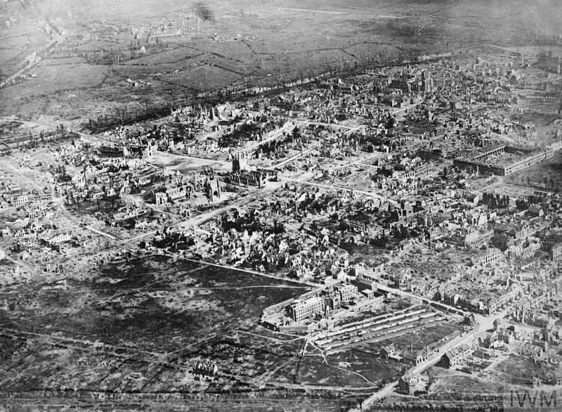 Back and white aerial shot of Ypres in ruins during World War Two.